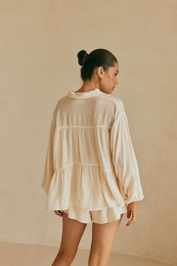 Cream Long Sleeve Button Up Collar Panel Huxley Top