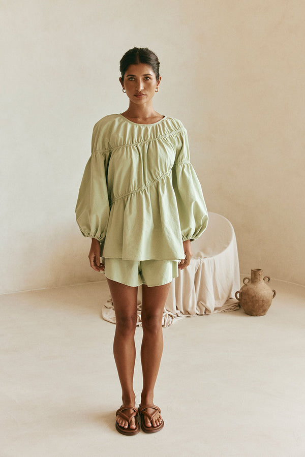 Akel Long Sleeve Flounce Top - Mint, Green