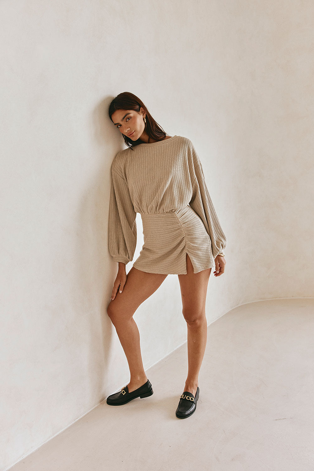 Khaki Long Sleeve Split Mini Corinna Dress