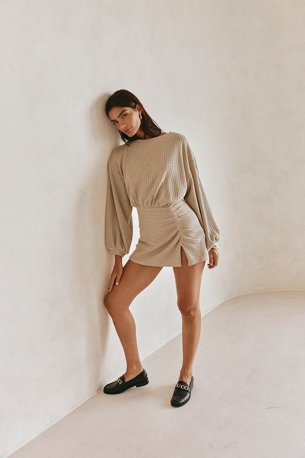 Khaki Long Sleeve Split Mini Corinna Dress