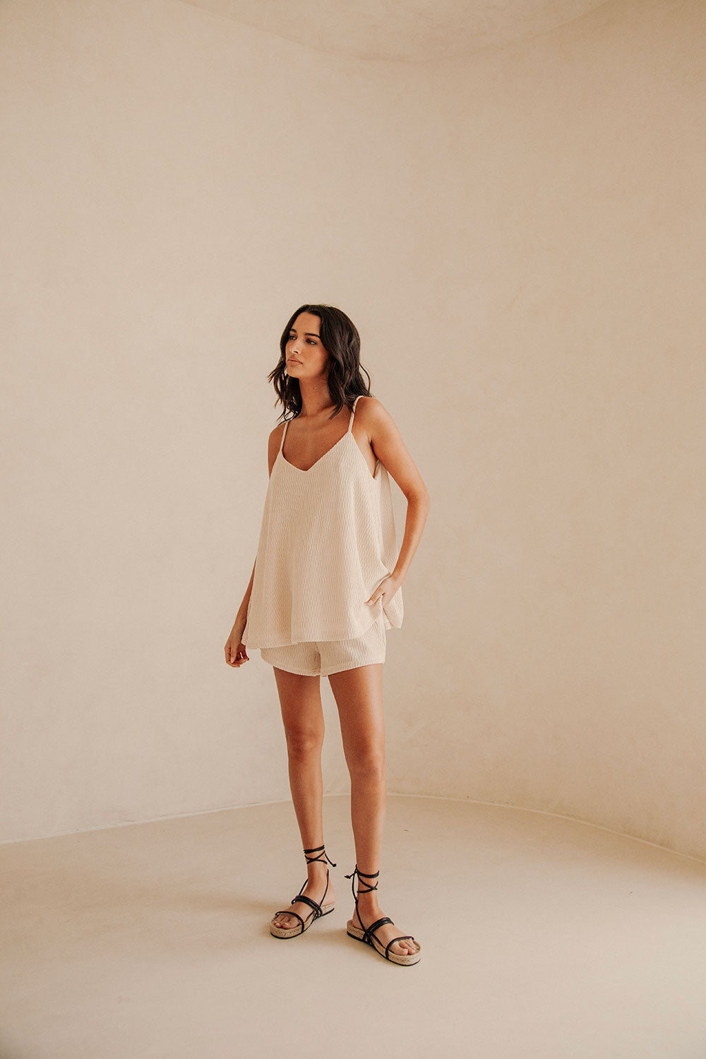 Beige V Neck Adjustable Strap Boston Top