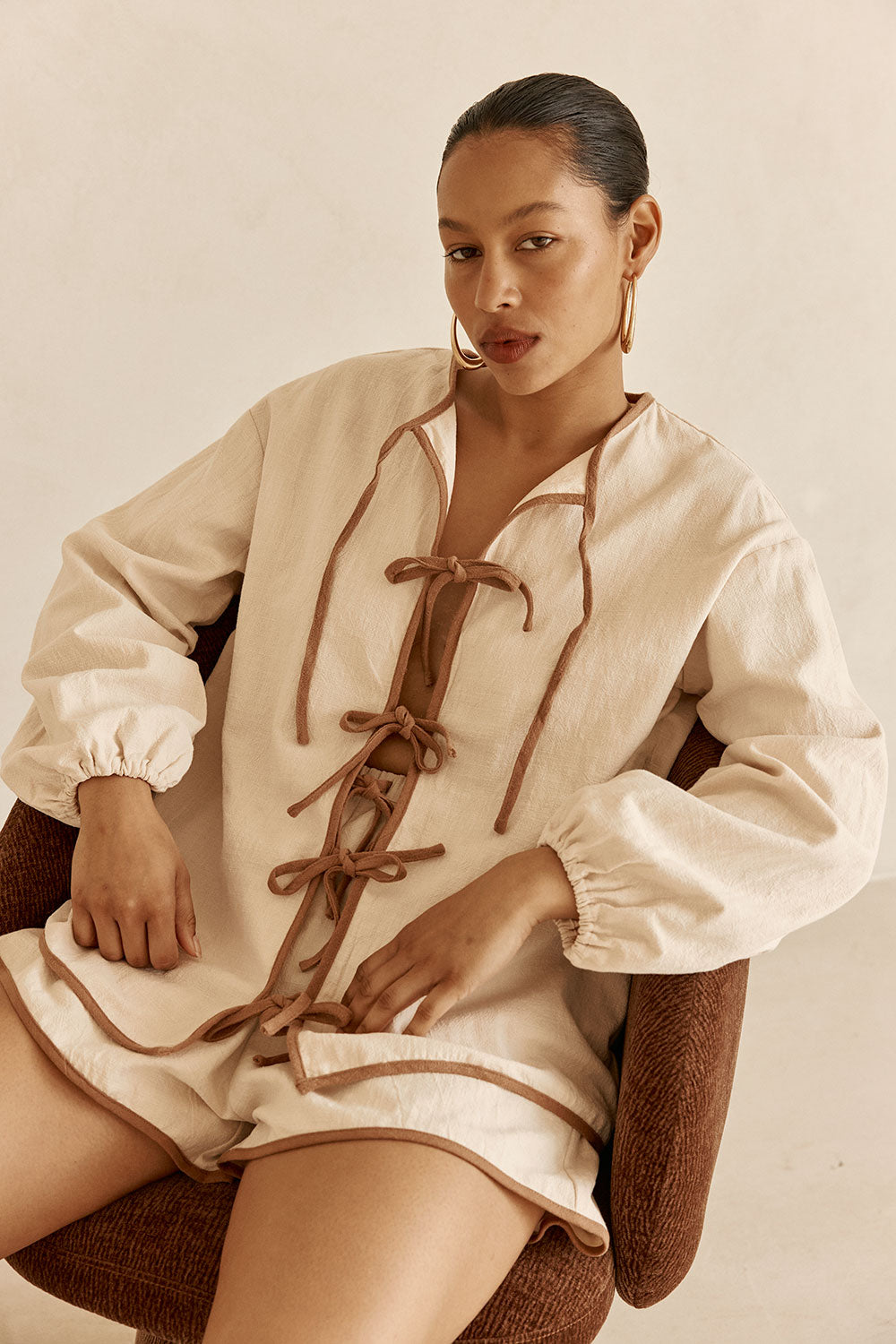 Beige Puff Sleeve Front Tie Paloma Top