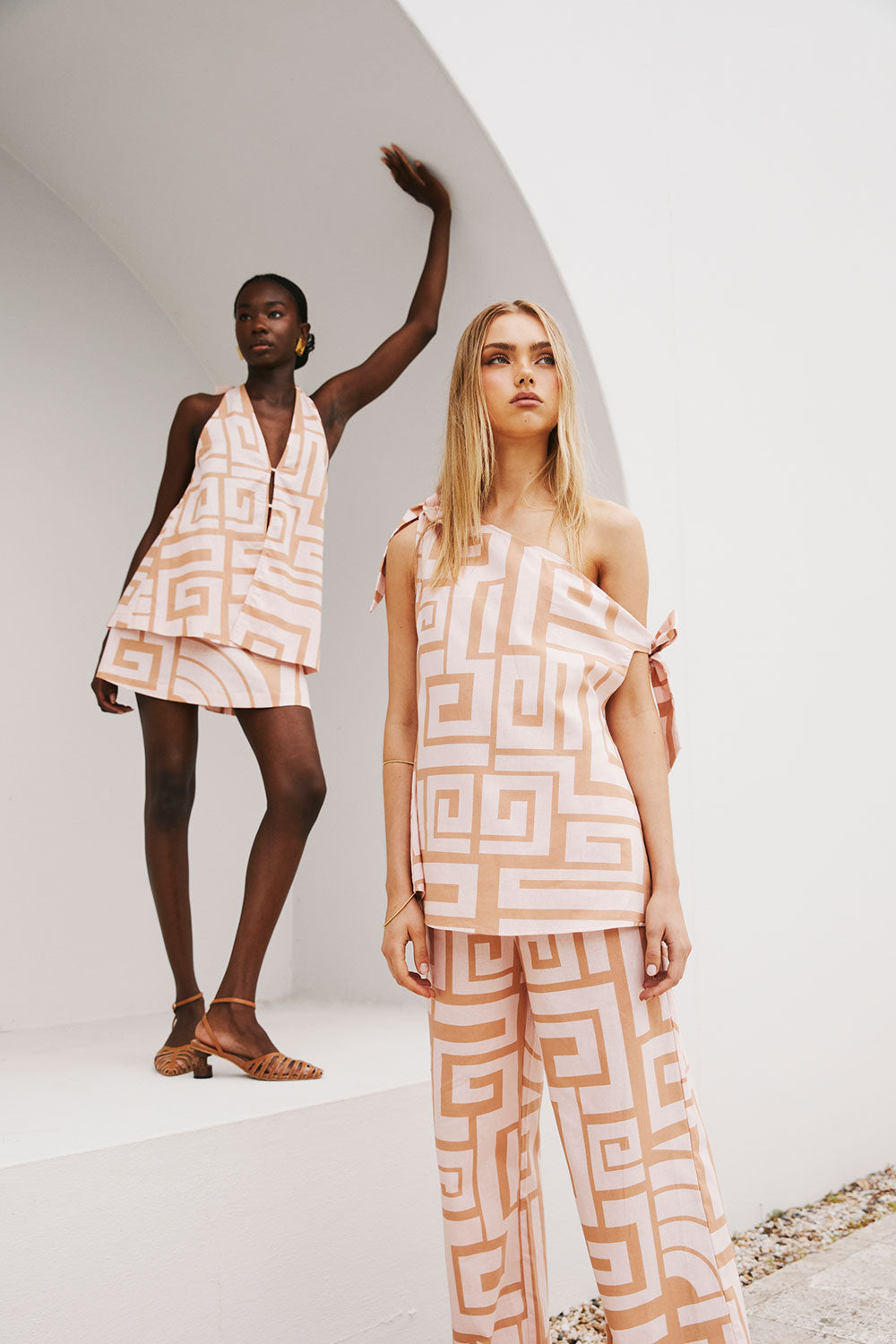 Pink Hellenic Maze One-Shoulder Tie Kahli Top