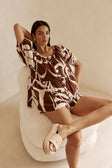 Cream and Brown Painted Tiles Print Button Scarlet Top
