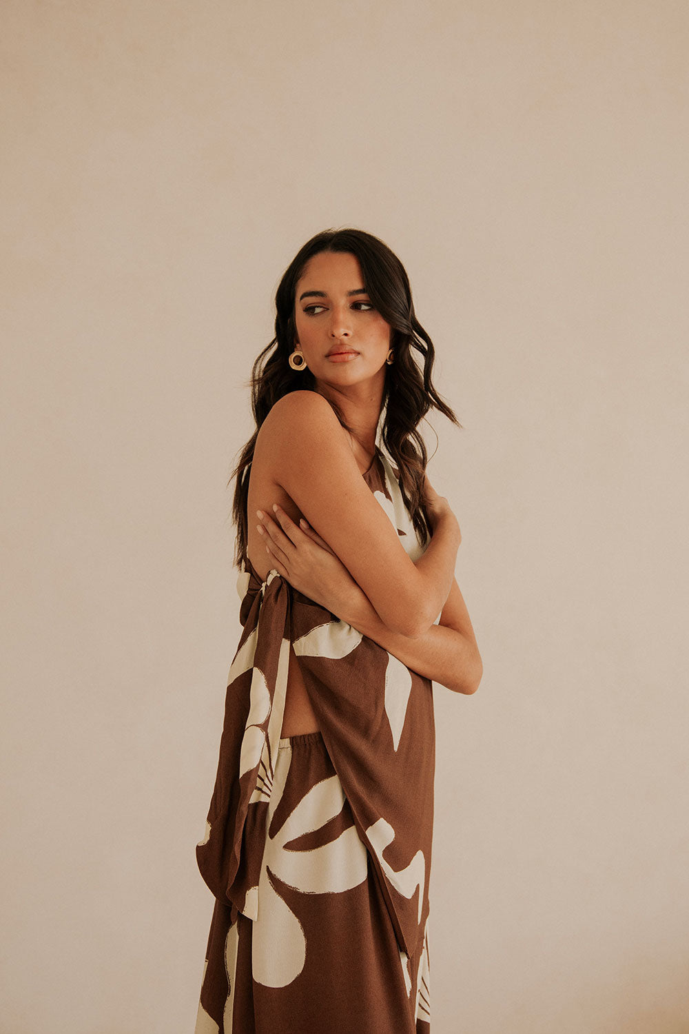 Lessi One Shoulder Tie Maxi Dress - Galene Brown Print