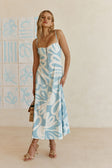 Blue Oceana Curve Print Button Strappy Maxi Jayla Dress