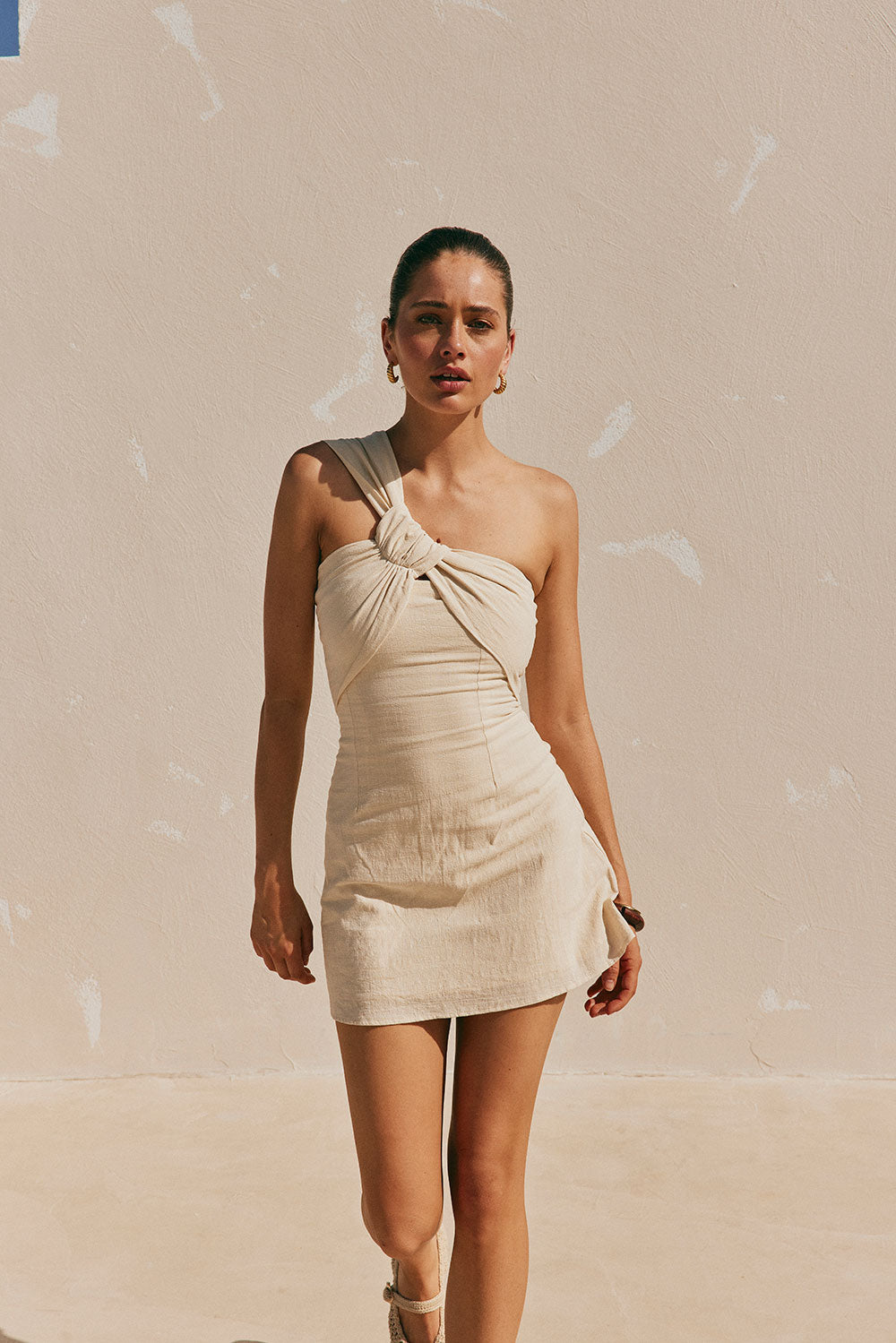 Beige One Shoulder Cutout Mini Knot Dimmi Dress