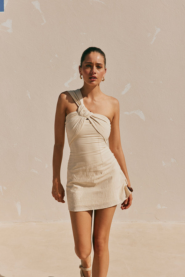 Beige One Shoulder Cutout Mini Knot Dimmi Dress