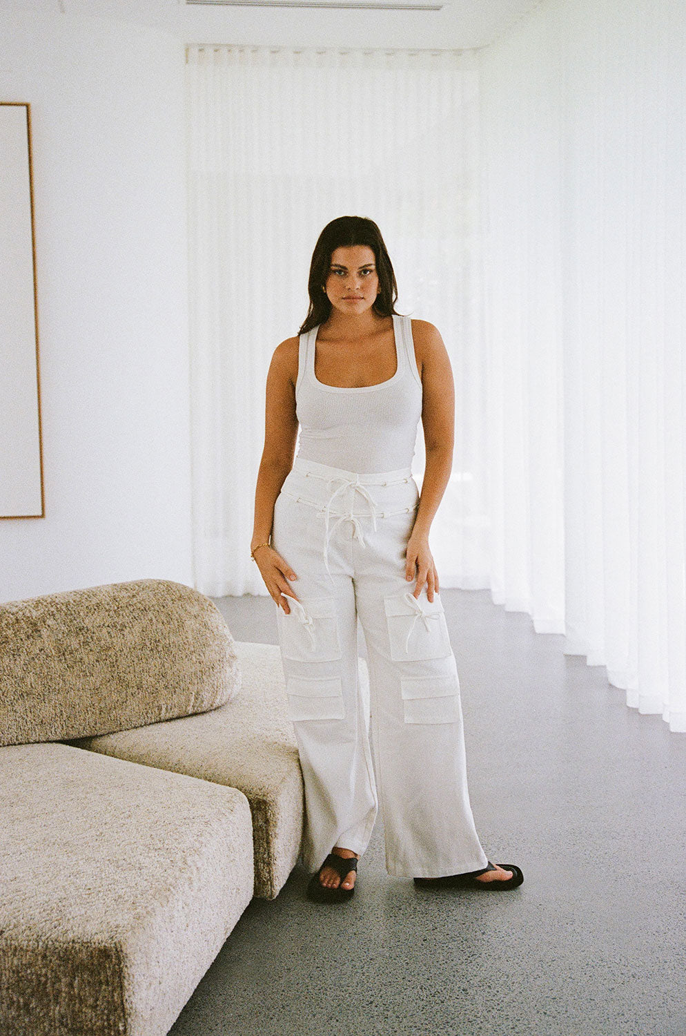 White High Waist Cargo Pocket Tie Jaicee Pants