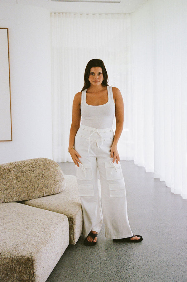 White High Waist Cargo Pocket Tie Jaicee Pants