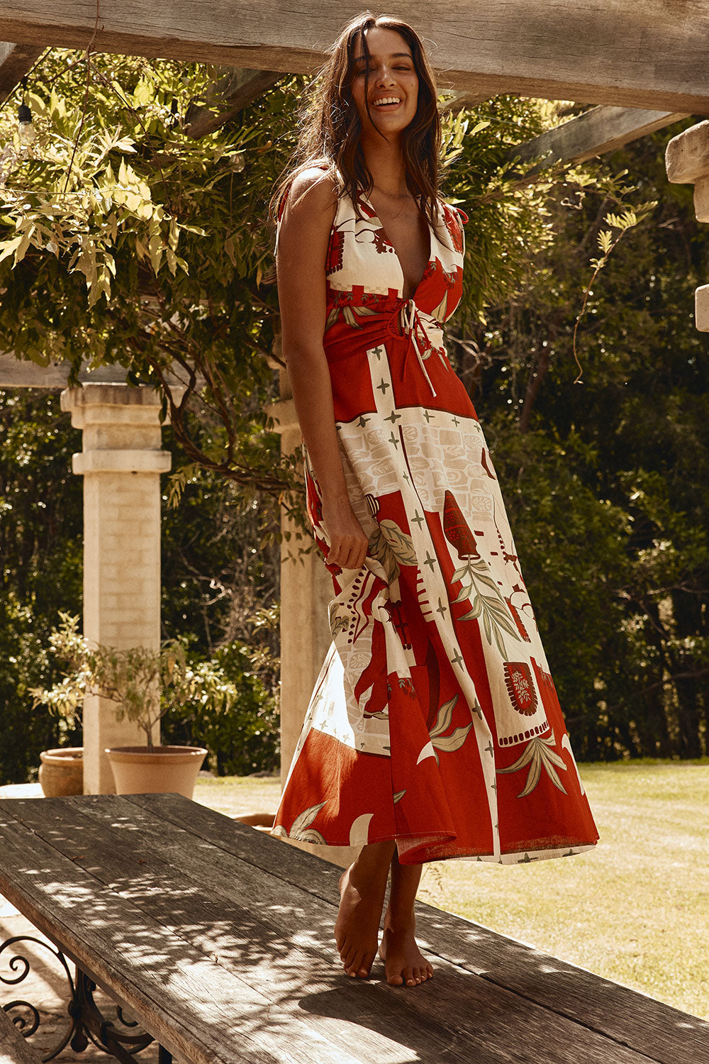 Red Palma Vista Print V Neck Maxi Mira Dress