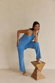 Blue Ribbed Knit High Waist May Pants