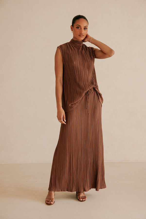 Brown Silky Pleat Drawstring Maxi Catalyna Skirt