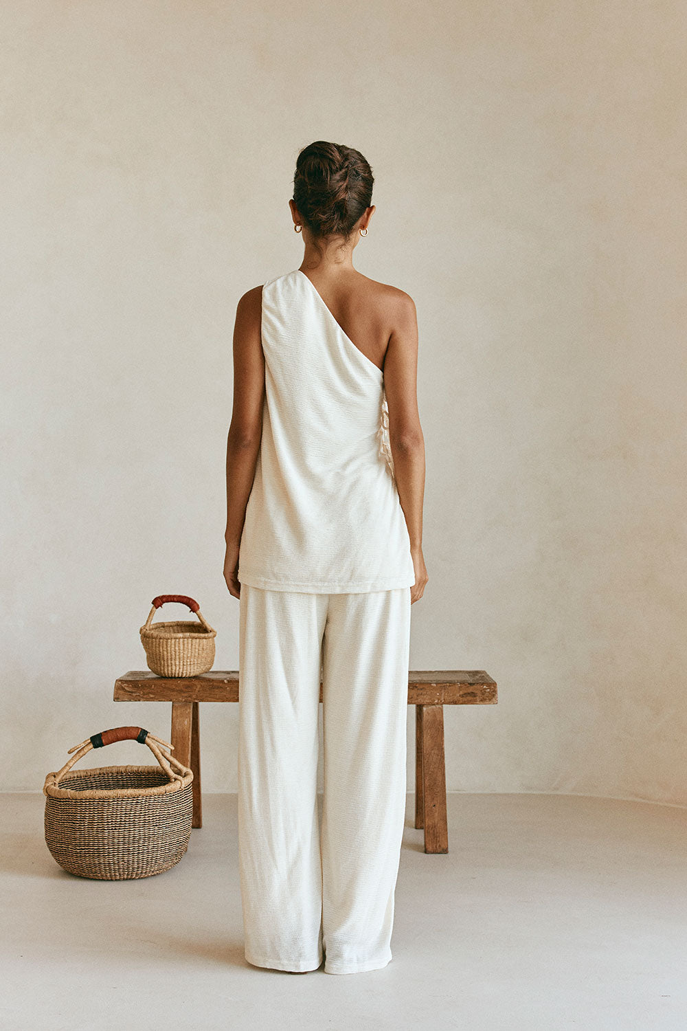 Cream One Shoulder Side Tie Zen Top