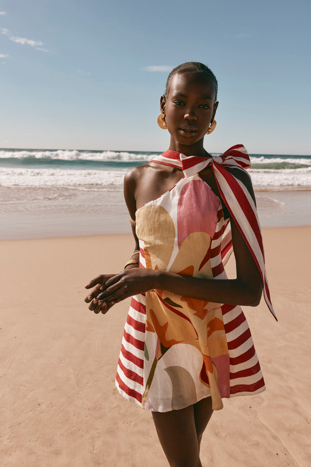 Red Estivo Abstract Print Asymmetric Mini Carmen Dress