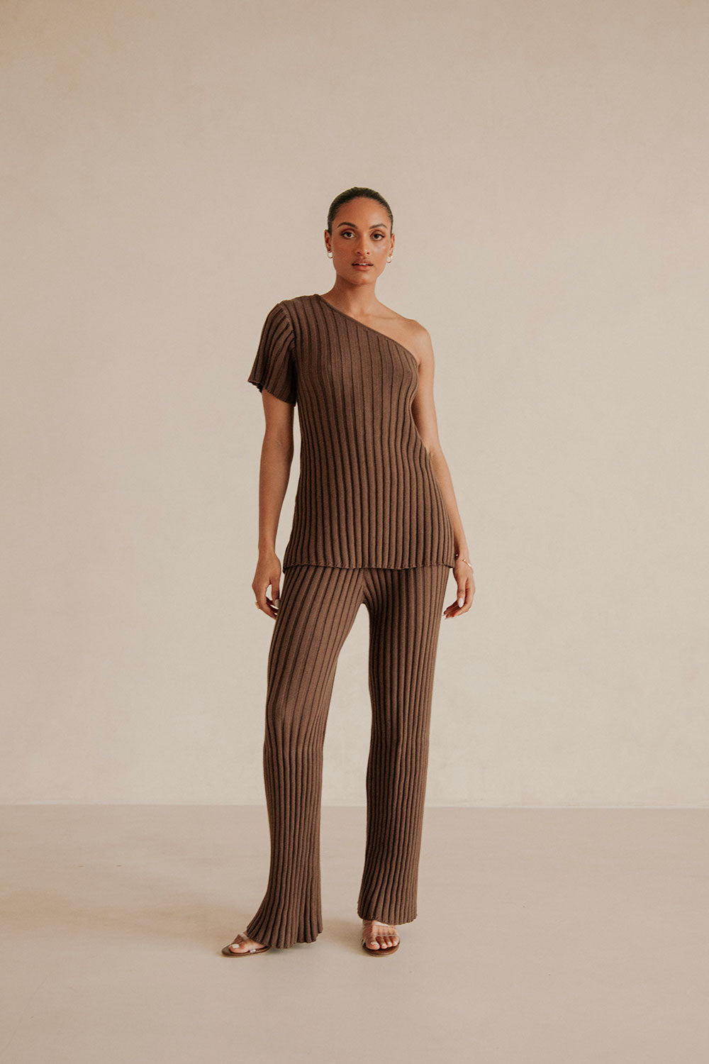 Brown Ribbed Cotton Knit Elastic Neena Pants
