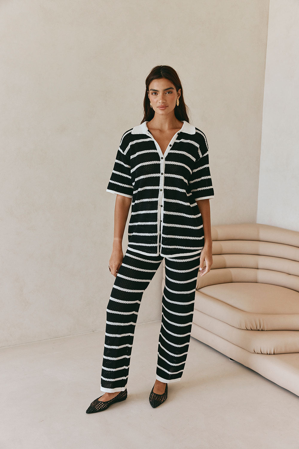 Black And White Stripe Knit Button Up Collar Mia Top