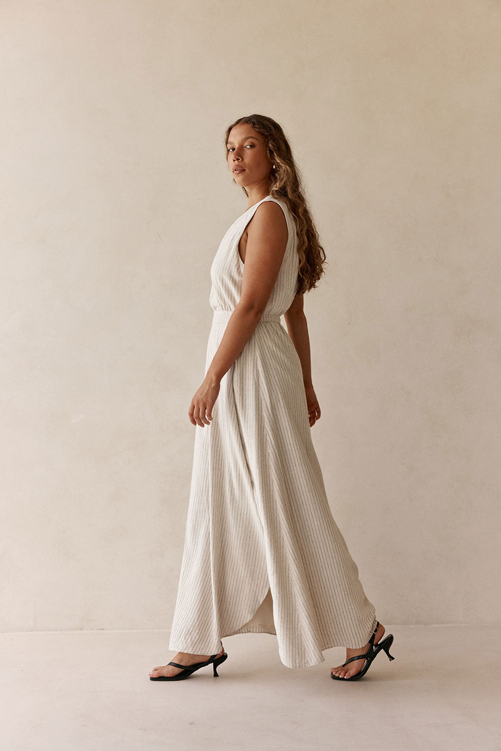 Beige and Black Pinstripe V Neck Maxi Cipriana Dress