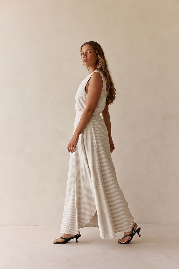 Beige and Black Pinstripe V Neck Maxi Cipriana Dress