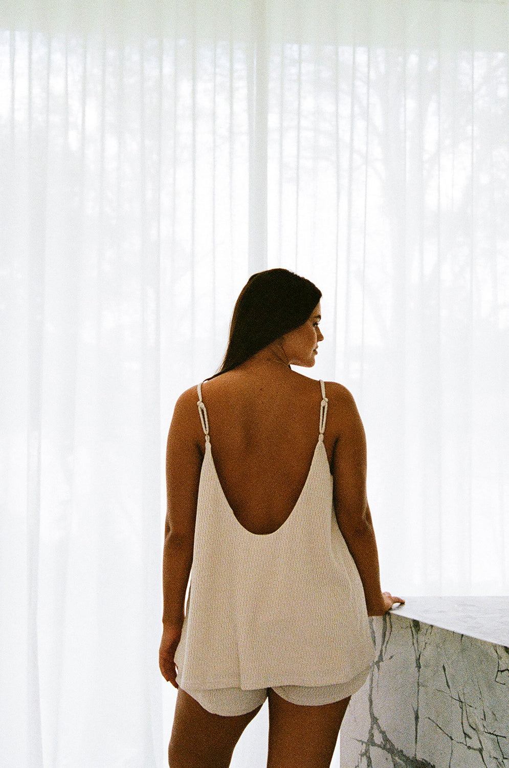 Beige V Neck Adjustable Strap Boston Top