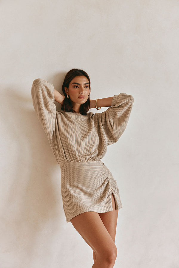 Khaki Long Sleeve Split Mini Corinna Dress