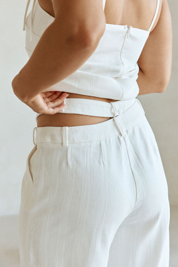 White Cotton Asymmetric Waist Wide Leg Tilda Trouser Pants