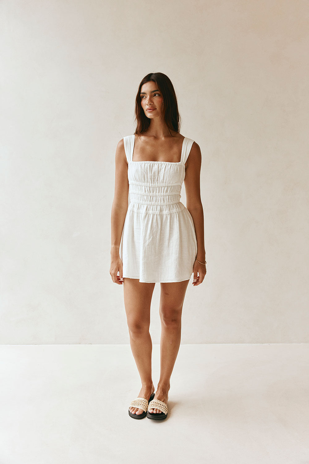 Bessi Thick Strap Elasticated Ruched Mini Dress - White