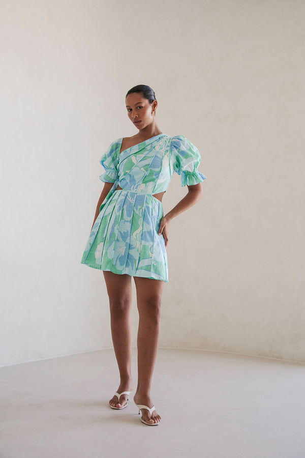 Blue Spring Petals Puff Sleeve Mini Jonty Puff Dress