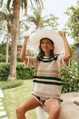 Quinn Short Sleeve Stripe Knit Top - Tan, Beige , Black Stripe