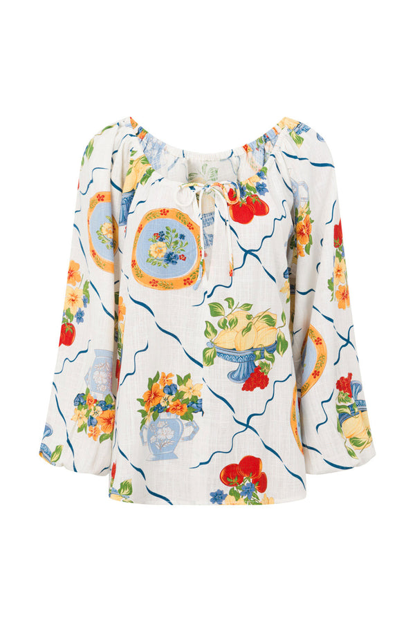 White Trattoria Print Drawstring Long Sleeve Amorina Top