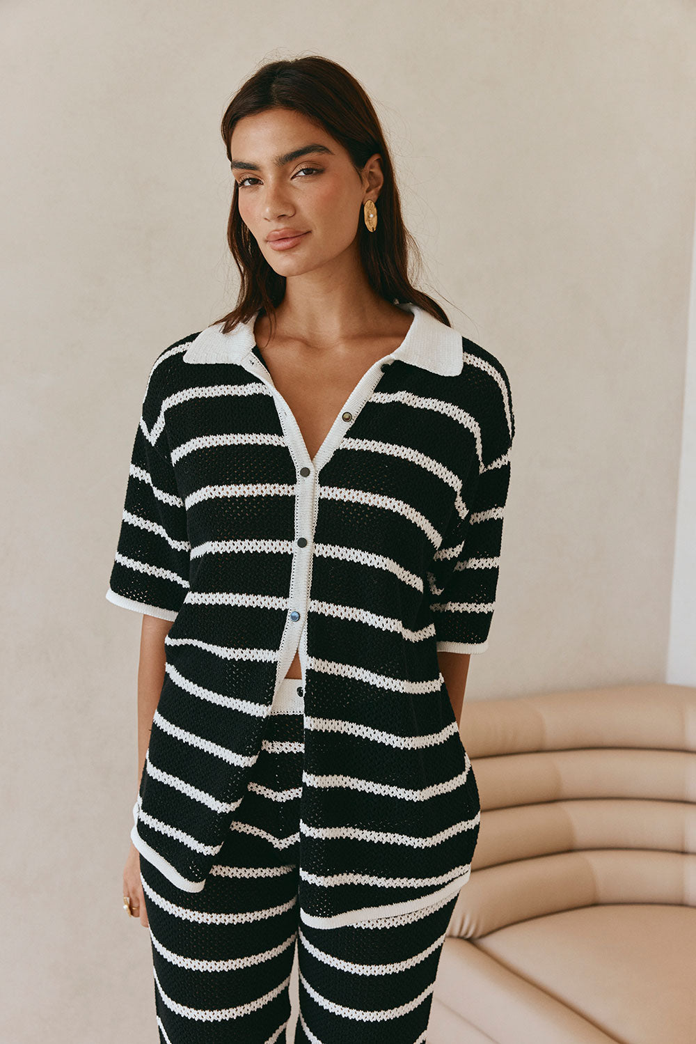 Black And White Stripe Knit Button Up Collar Mia Top