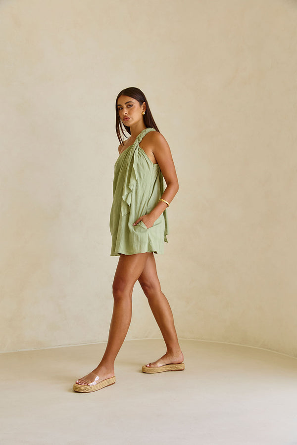 Grazia One Shoulder Mini Dress - Green