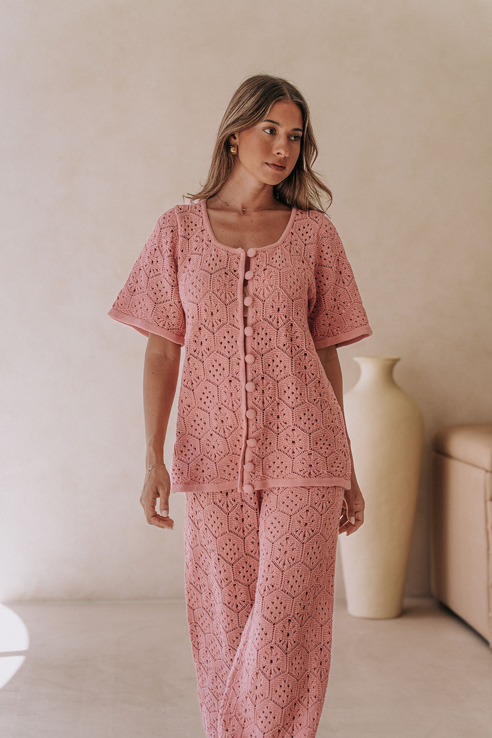 Blush Pink Crochet Knit Button Up Umiko Top