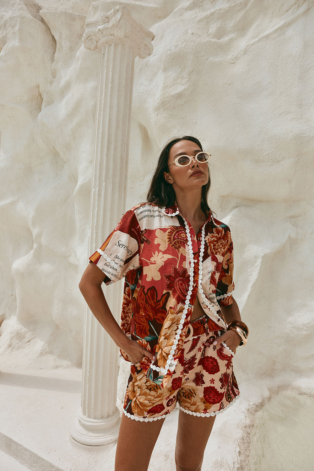 Red Floral Barocca Print Button Up Bia Shirt