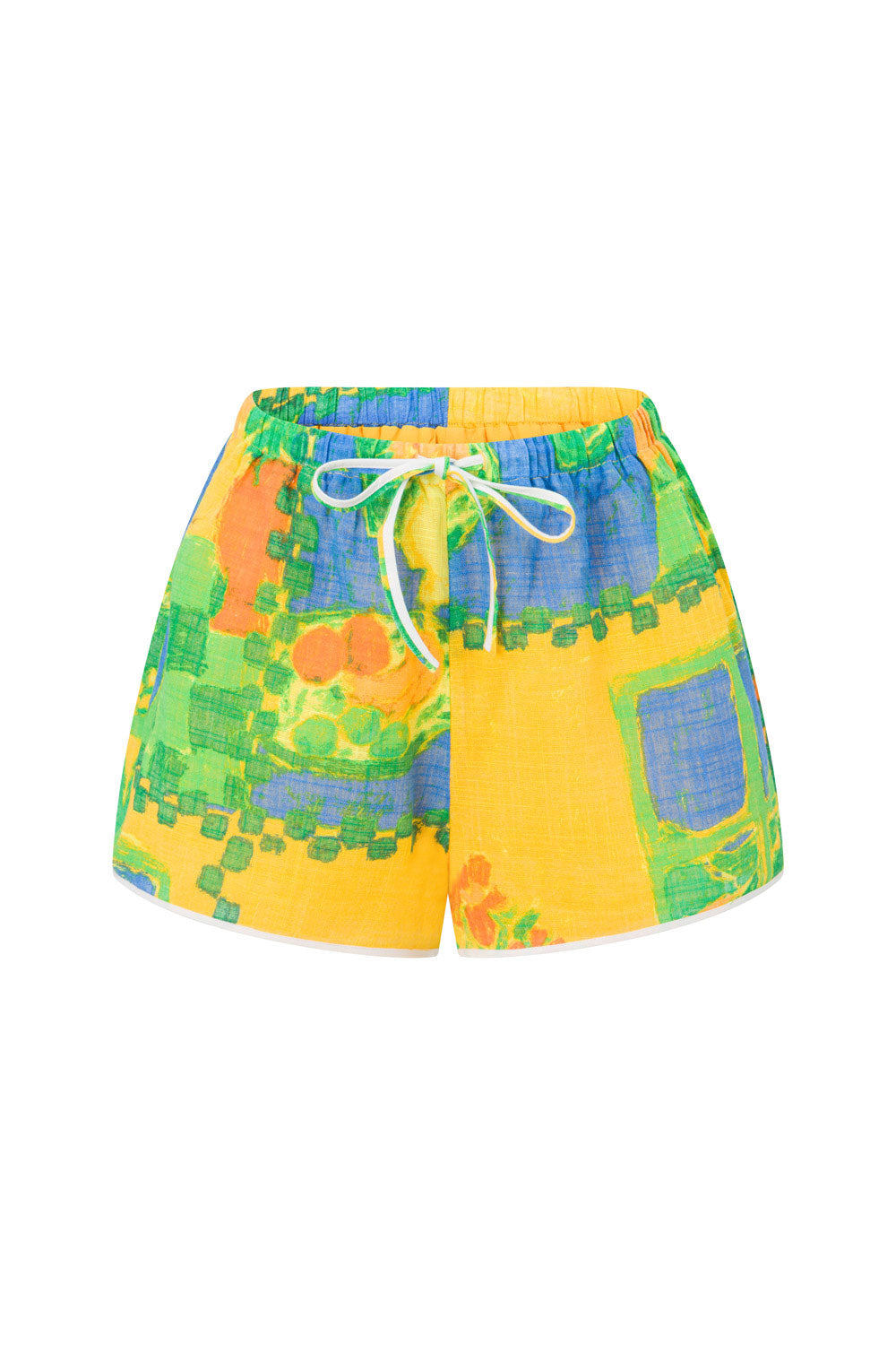 Jetta Front Tie Shorts -Green, Blue & Orange Morning Yellow Print