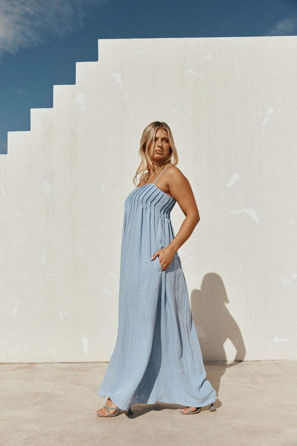Blue Pin Tuck Pleat Maxi Ada Dress