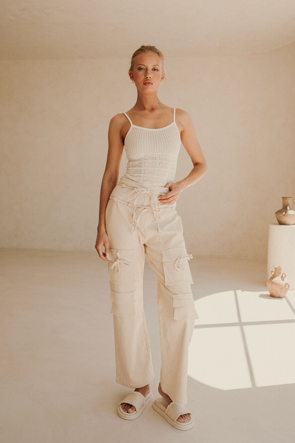 Jaicee High Waisted Tie Pants - Cream