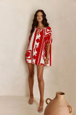Red Voyage Print Drawstring Mini Kit Shirt Dress
