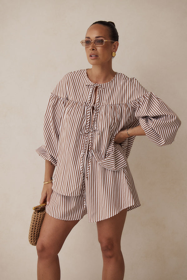 Pennie Long Sleeve Tie Top - Brown, White Stripe