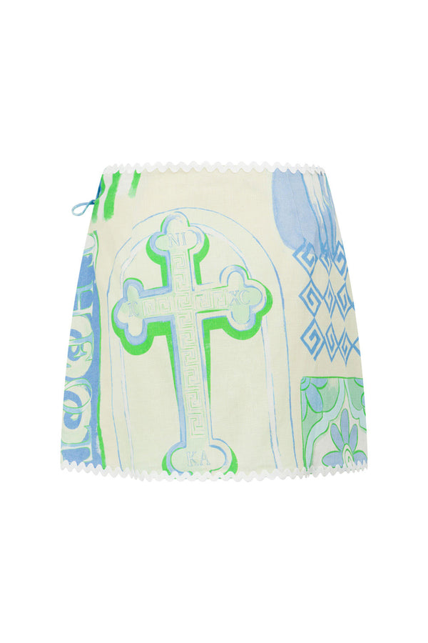 Diaz Mini Wrap Skirt - Theotokos Ocean Blue White Green