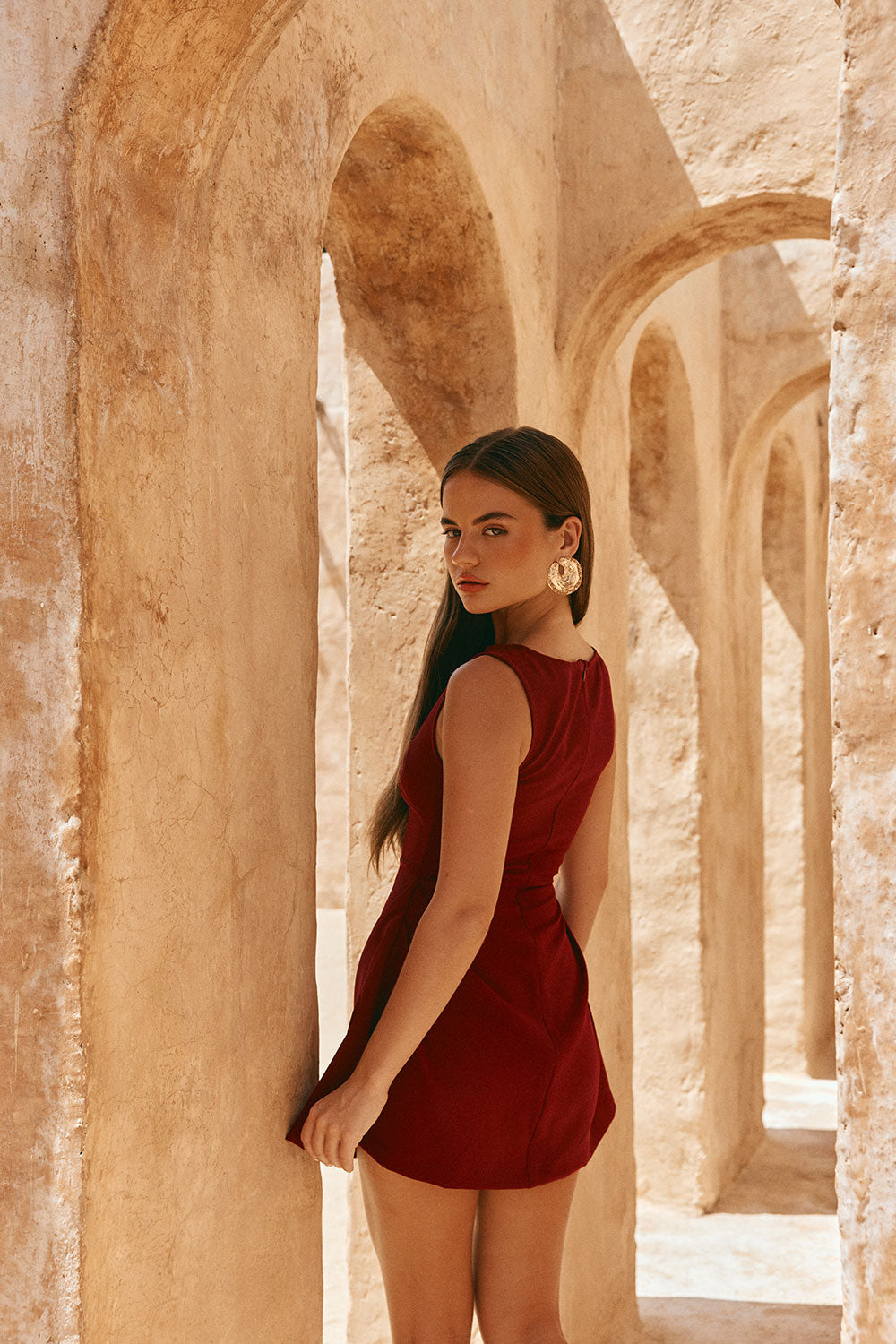 Burgundy Red Flared Mini Camellia Dress