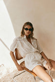 White Lace Button-Up Drawstring Short Sleeve Joi Playsuit