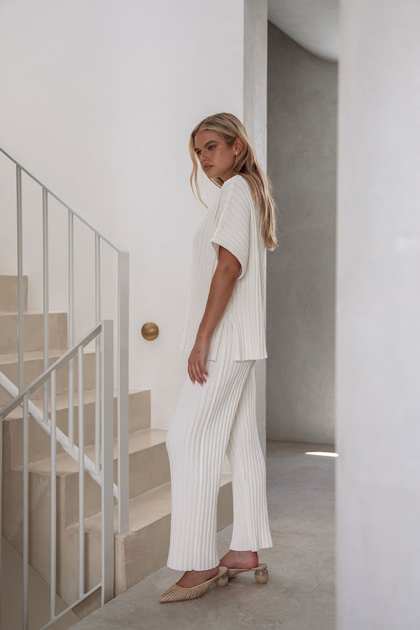 White Ribbed Knit High Waist Elastic Celine Pants