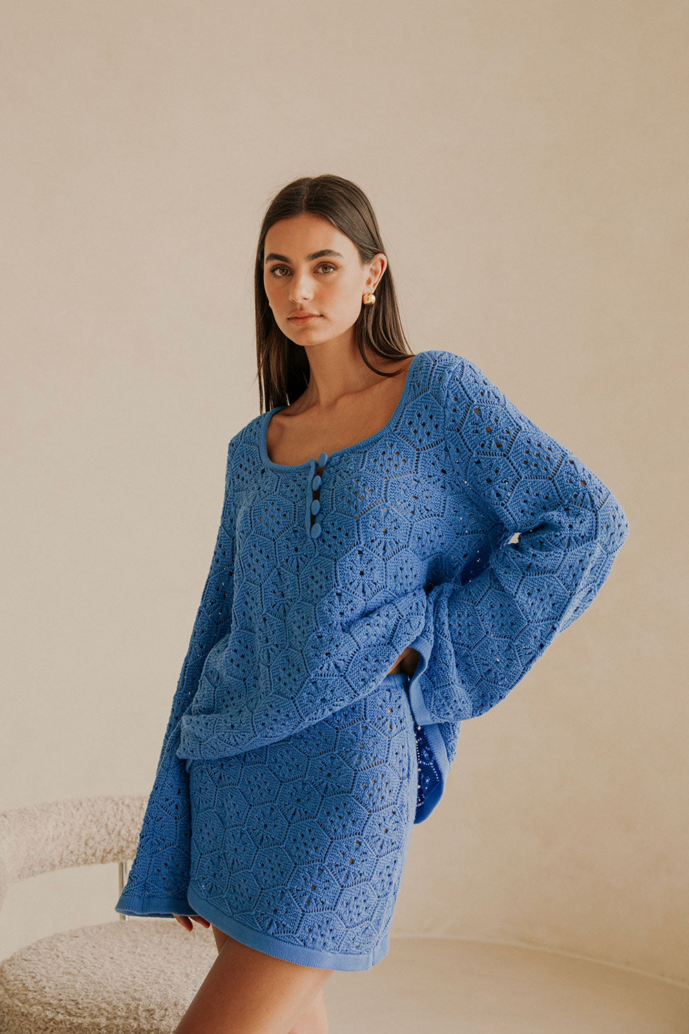 Blue Knit Long Sleeve Button Alivia Top