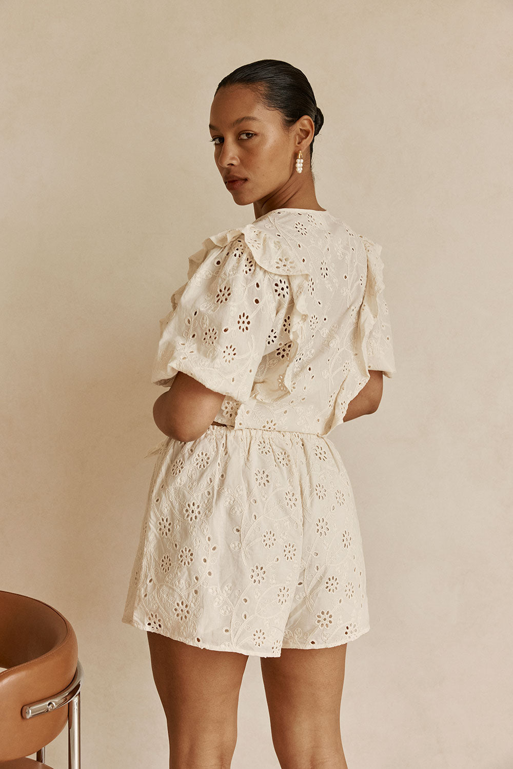 Beige Broderie Drawstring Wynter Shorts