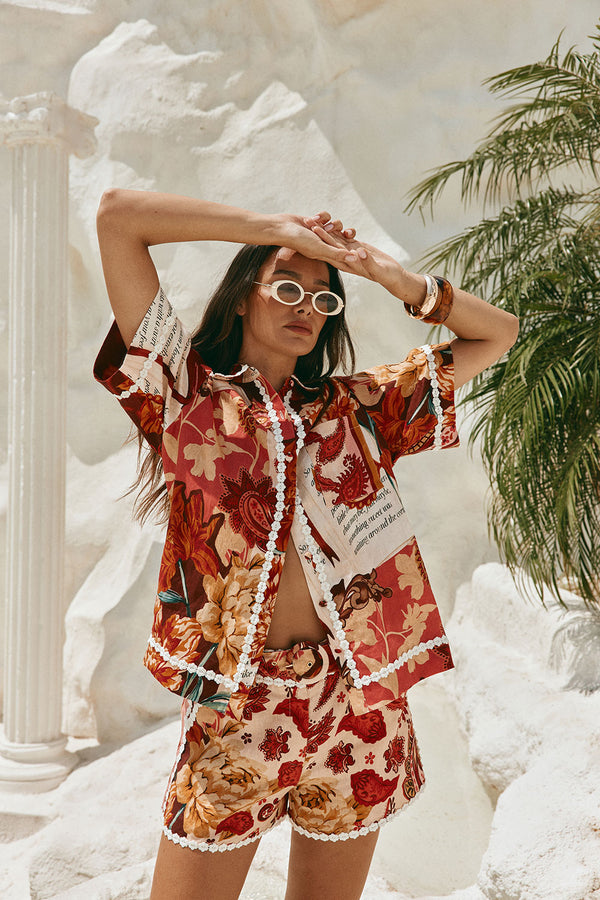Red Floral Barocca Print Button Up Bia Shirt