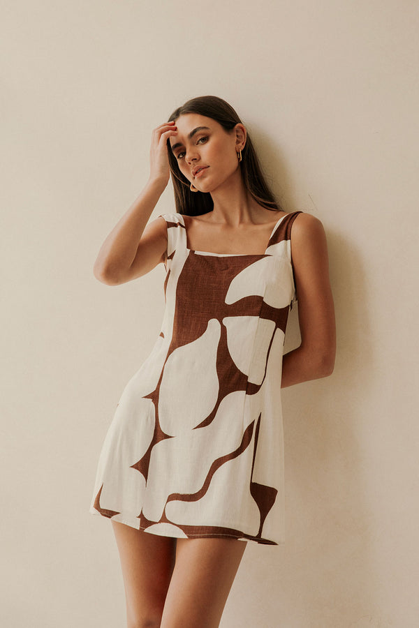 Ellis Thick Strap Cutout Tie Mini Dress - Brown, White Sunroom Chocolate Print
