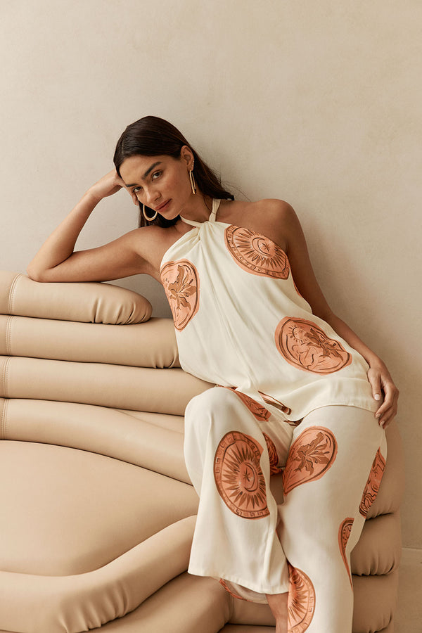 Beige Nomisma Sea Shell Print Twist Halter Rosalee Top