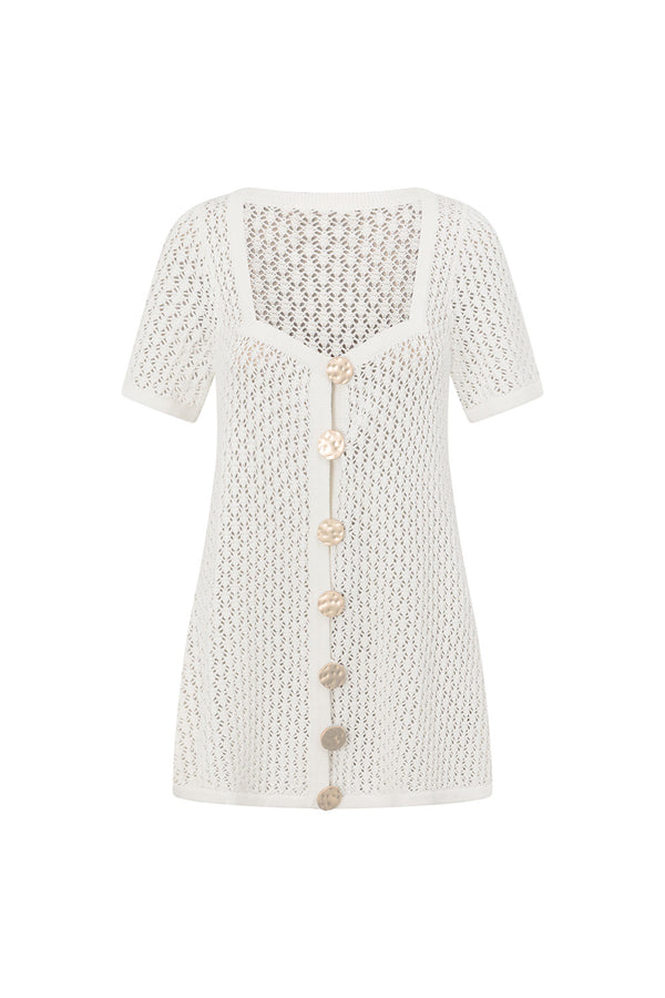 White Crochet Knit Button Up Milana Top