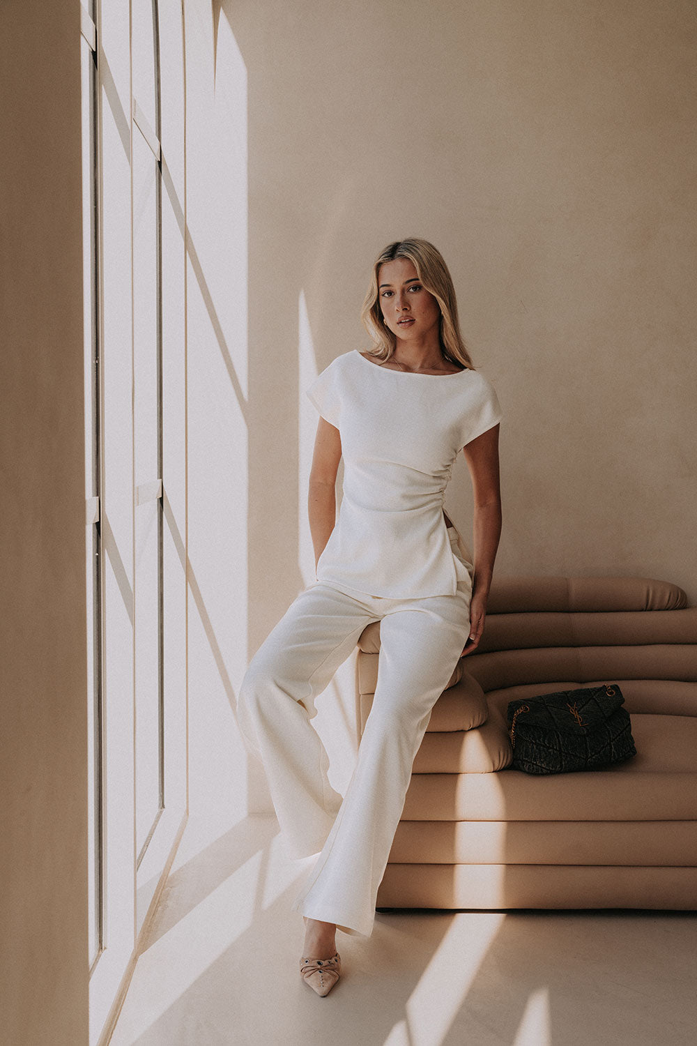 Cream Ruched Short Sleeve Zoya Top